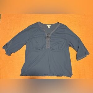 Avenue Women’s Blue Lace-Up Blouse with Slit Quarter Sleeves Sz 22/24